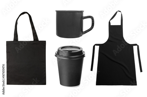 Black apron, tote bag, coffee cup, coffee mug on white photo