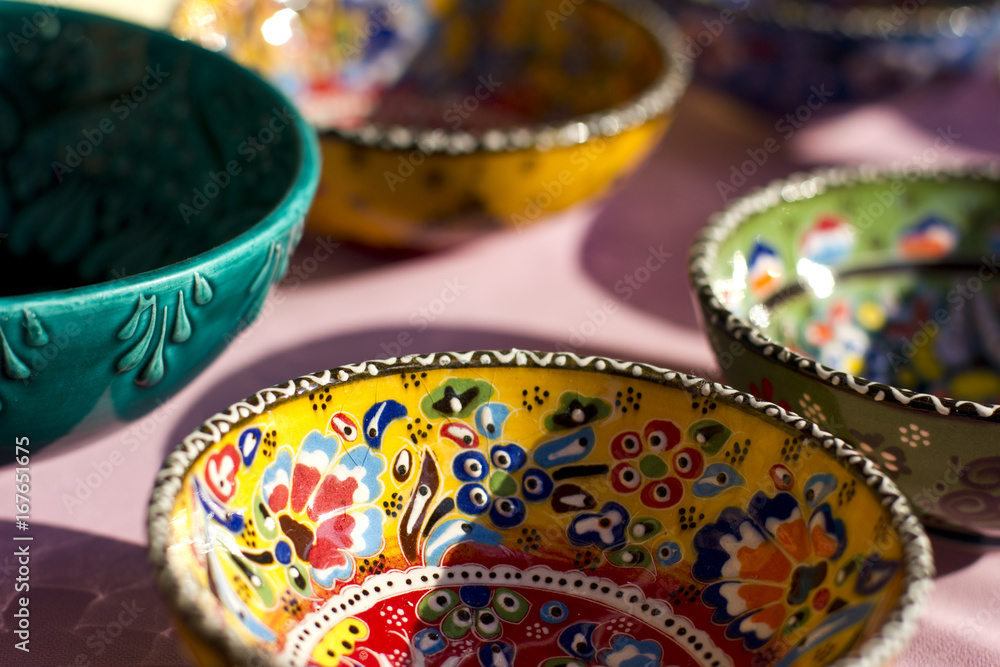 Traditional turkish ceramic dishes and tableware from the market Traditional turkish ceramic dishes and tableware from the market