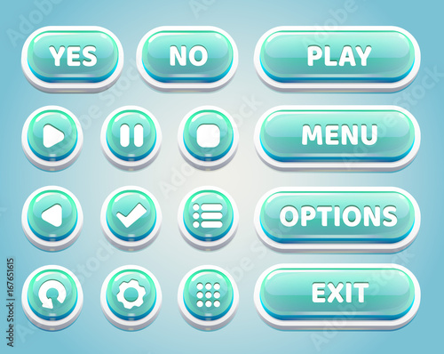 Set of turquoise candy buttons for mobile games.UI elements.