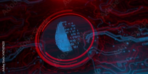 Technology background. Fingerprint access button. Cyber security and information technology. Blue, red background with digital integrated network technology. Printed circuit board. 