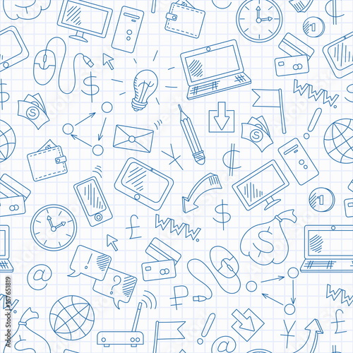 Seamless background on the topic of information technology and earn money online, simple hand-drawn contour icons, blue contour icons on the clean writing-book sheet in a cage