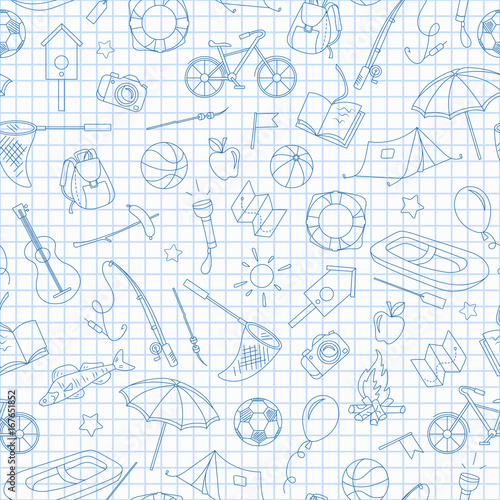 Seamless pattern on the theme of summer camp and vacations, simple contour icons, blue  contour  icons on the clean writing-book sheet in a cage