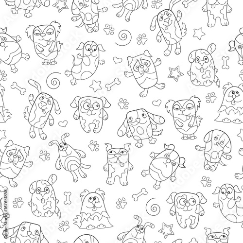 Seamless pattern with contour images cartoon dogs   dark outline on a white background