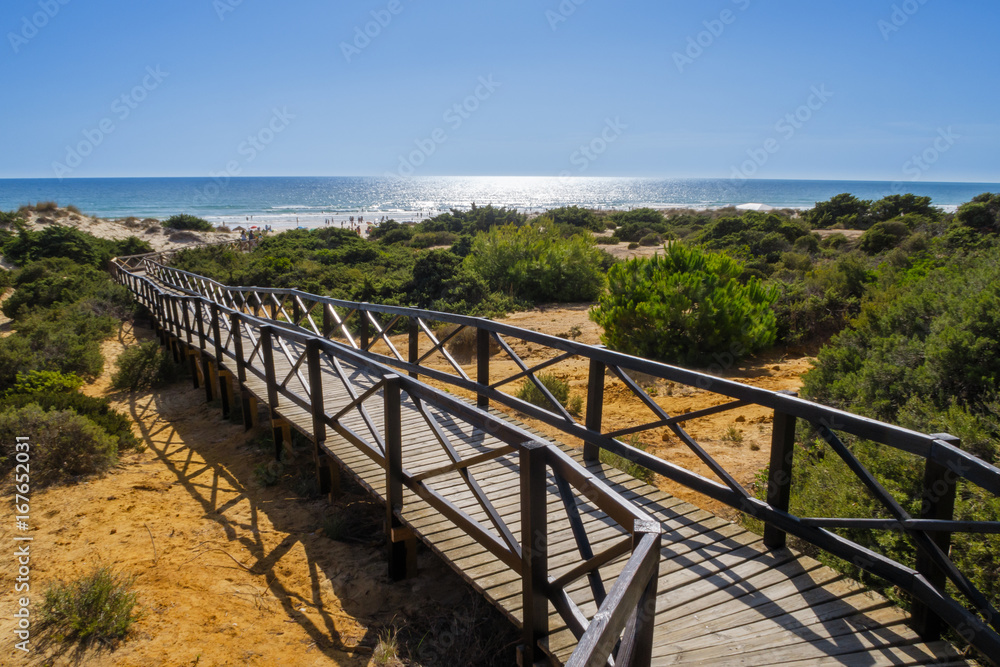 Wooden walkway giving access to the beach of La Barrosa in Sancti Petri, Cadiz, Spain.
