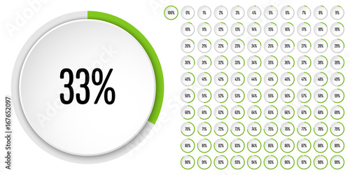 Set of circular sector percentage diagrams from 0 to 100 ready-to-use for web design, user interface (UI) or infographic - indicator with green
