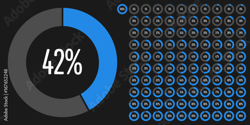 Set of circular sector percentage diagrams from 0 to 100 ready-to-use for web design, user interface (UI) or infographic - indicator with blue
