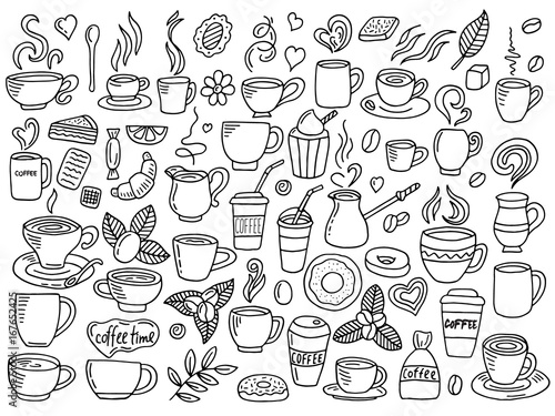 set of coffee doodle