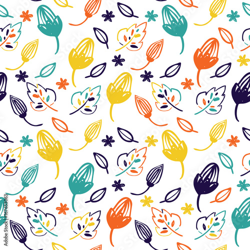 Fototapeta Naklejka Na Ścianę i Meble -  Vector seamless cartoon flower pattern. Cute hand drawn floral pattern for paper, textile, handmade decoration, scrap-booking, polygraphy, t-shirt, cards.