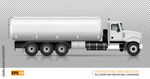 Tanker truck vector template for car branding and advertising. White fuel semi-truck on transparent background. All layers and groups well organized for easy editing and recolor. View right side.