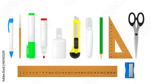 Set of realistic drawings of office supplies isolated on white background. Vector illustration.
