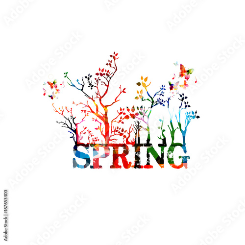 Spring vector illustration design with trees. Colorful lettering design element isolated