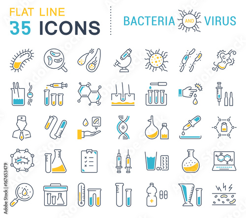 Set Vector Flat Line Icons Bacteria and Virus