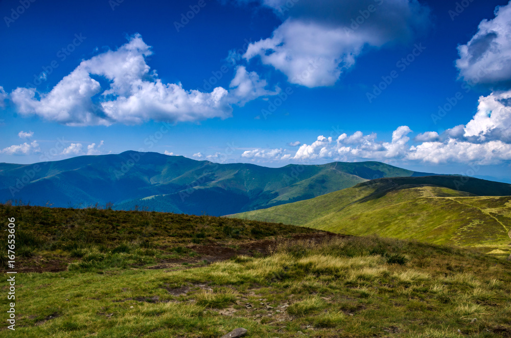 Fototapeta premium Background landscape with Ukrainian Carpathian Mountains in the Pylypets