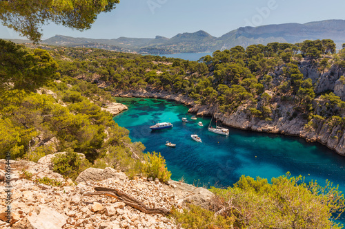Boats in the calanques (Creeks) between Marseille and Cassis, Provence, France