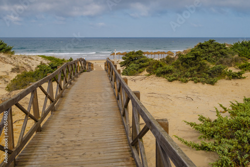 Sand dunes between hotels and beach of La Barrosa in Sancti Petri, Cadiz, Spain © josevgluis