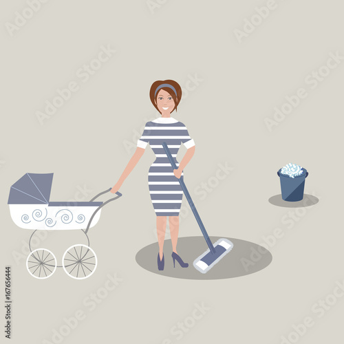 Cute young mother in dark blue dress with white stripes with a baby carriage and the tools for housekeeping: a bucket with soapy foam, MOP. Gray background. Vector illustration