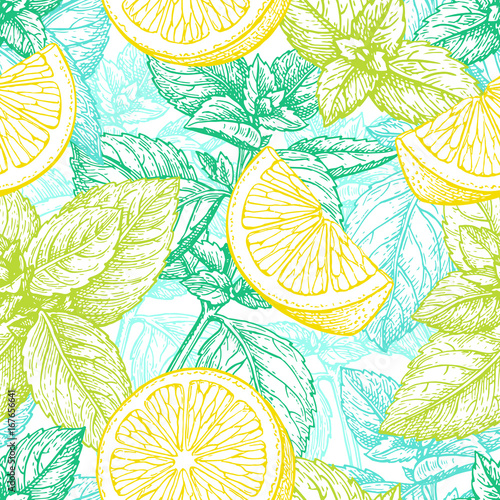 Seamless pattern with lemon and mint.