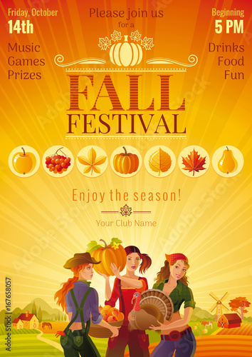 Autumn harvest festival invitation design, fall icon set. Thanksgiving party, country landscape background, sexy pin up farmer girls, turkey, pumpkin icons. Logo text lettering. Vector illustration.