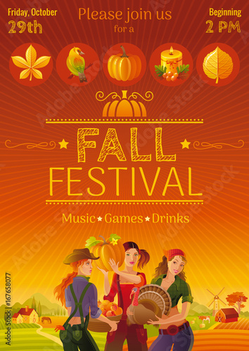 Harvest festival invitation design. Fall thanksgiving party - autumn country landscape background, sexy farmer girls, icon set. Chestnut falling leaf, pumpkin, goldfinch, candle. Vector illustration.