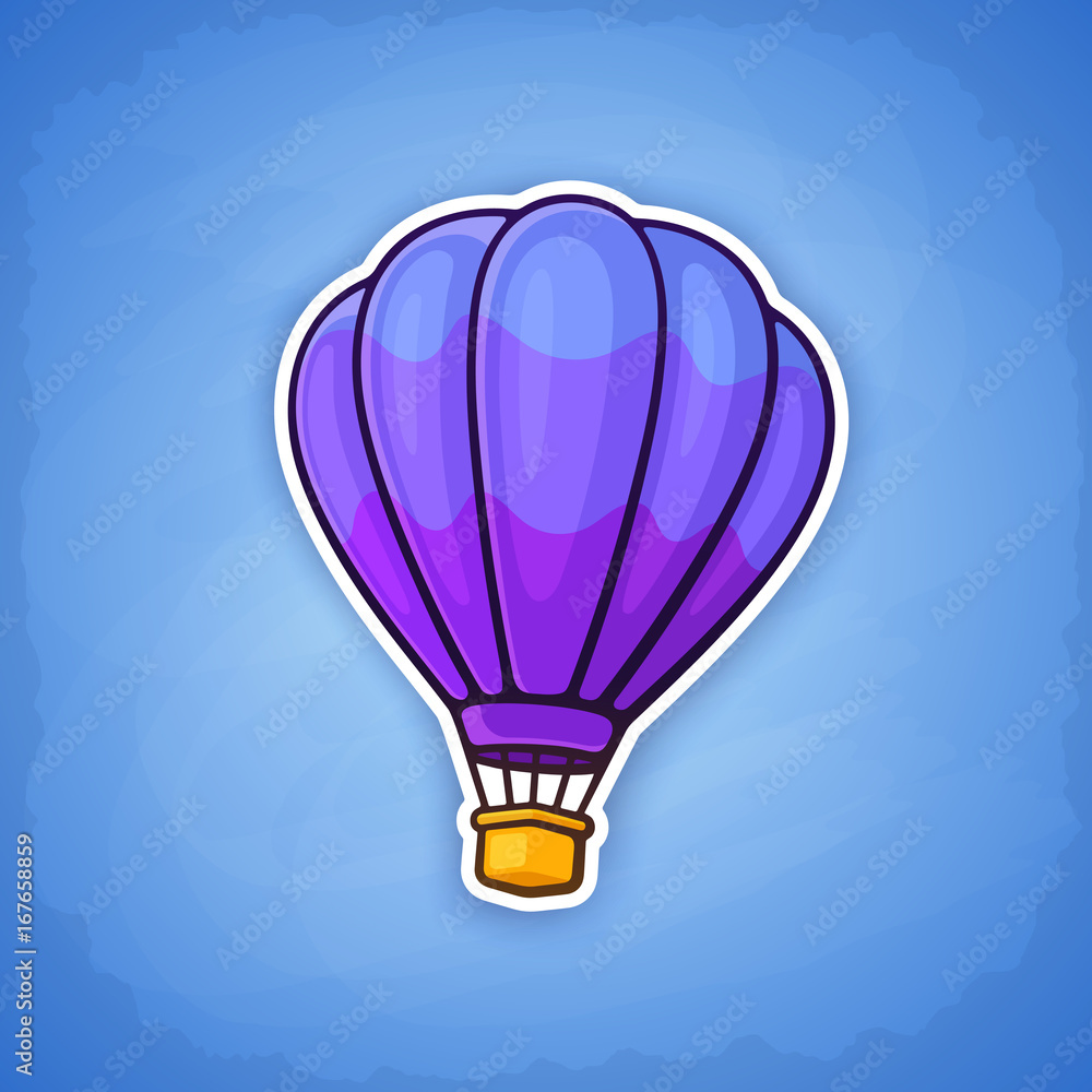 Naklejka premium Vector illustration. Hot air balloon on sky background. Summer journey by air transport. Sticker in cartoon style with contour. Isolated on blue background