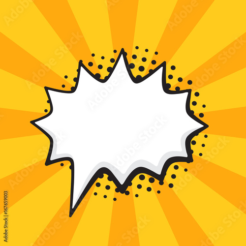 Vector illustration. Comic speech bubble of scream rounded barbed shape in pop art style. Empty element with contour for your dialogs. Isolated on orange background with rays