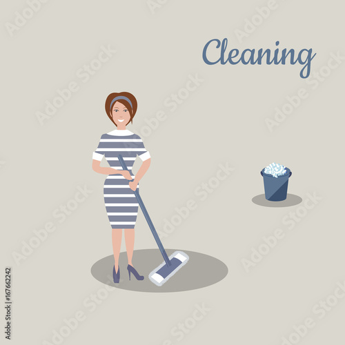 Cute young woman in dark blue dress with white stripes with the tools for housekeeping: a bucket with soapy foam, MOP. Gray background. Raster illustration 