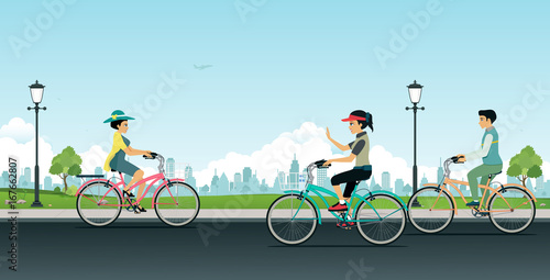 Men and women are riding bicycles in gardens with city backdrops.