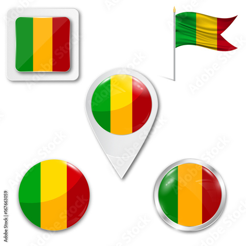 Set of icons of the national flag of Mali in different designs on a white background. Realistic vector illustration. Button, pointer and checkbox.