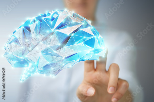 Businesswoman holding digital x-ray human brain in her hand 3D rendering