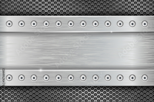 Metal texture with brushed iron plate with rivets and perforation
