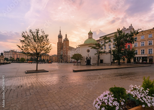 Krakow Market Square in pink sunrise.