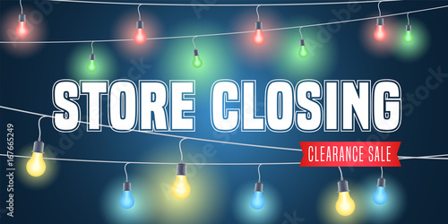 Store closing vector illustration, background with colorful garlands