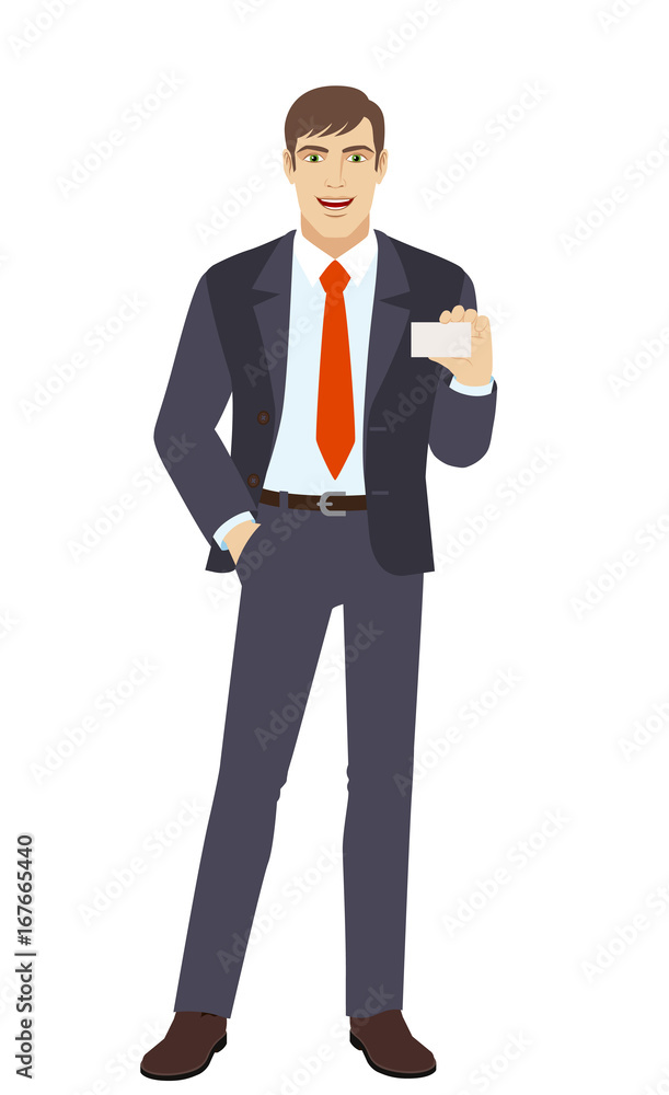 Fototapeta premium Businessman with hand in pocket showing the business card