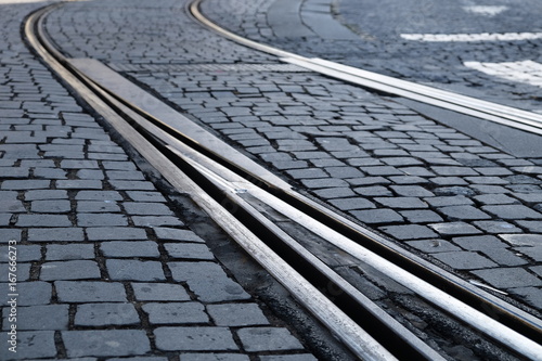 Detail of Tramway railraod on Cobblestone street