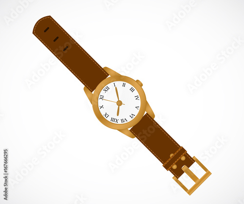 Classic wristwatch with brown leather strap isolated on white background. Realistic vector illustration.