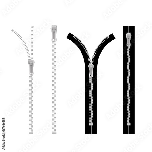 Collection of realistic vector zippers, isolated on white background