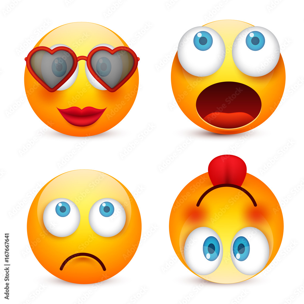 Smiley with blue eyes,emoticon set. Yellow face with emotions. Facial expression. 3d realistic emoji. Sad,happy,angry faces.Funny cartoon character.Mood.Vector illustration. Smiley with blue eyes,emoticon set. Yellow face with emotions. Facial expression. 3d realistic emoji. Sad,happy,angry faces.Funny cartoon character.Mood.Vector illustration.