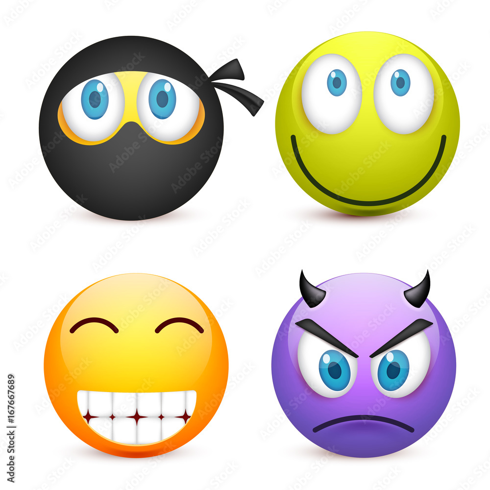 Smiley with blue eyes,emoticon set. Yellow face with emotions. Facial expression. 3d realistic emoji. Sad,happy,angry faces.Funny cartoon character.Mood.Vector illustration. Smiley with blue eyes,emoticon set. Yellow face with emotions. Facial expression. 3d realistic emoji. Sad,happy,angry faces.Funny cartoon character.Mood.Vector illustration.