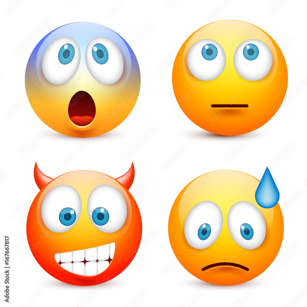 Smiley with blue eyes,emoticon set. Yellow face with emotions. Facial expression. 3d realistic emoji. Sad,happy,angry faces.Funny cartoon character.Mood.Vector illustration.