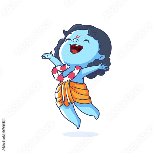 Very happy little Krishna is jumping.