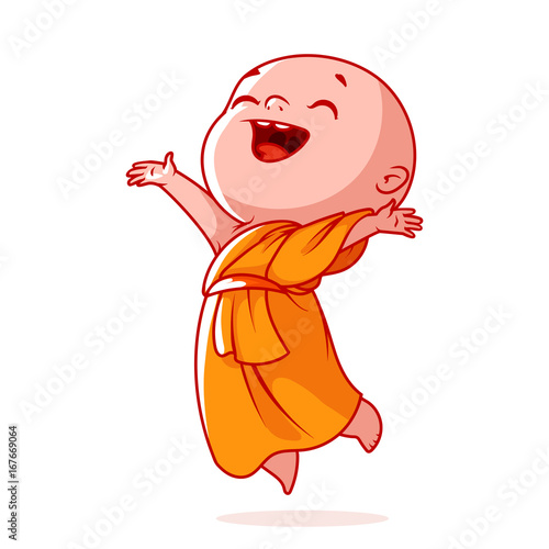 Very happy little monk is jumping.