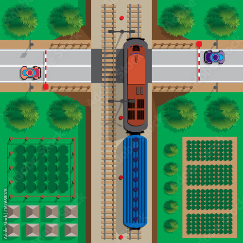 Railroad crossing. View from above. Vector illustration.