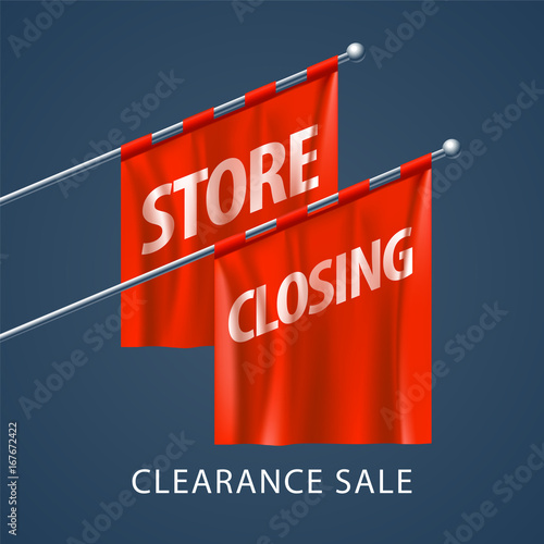 Store closing vector illustration, background with red flags