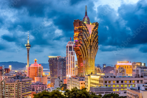 Macau, China city skyline at dusk.