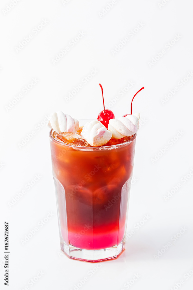Red cocktail with marshmallow on a white background
Red cocktail with marshmallow on a white background