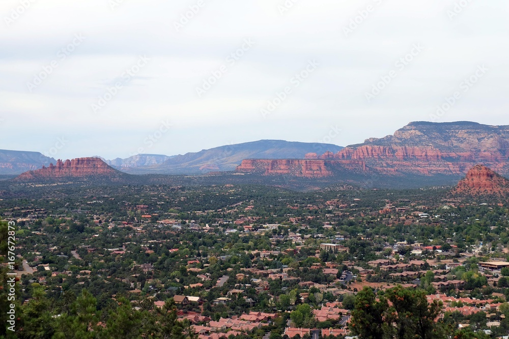 Panoramic view of Sedona town in Arizona and the red sandstone rocks in the distance