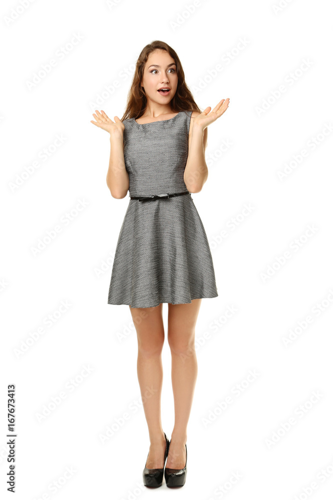 Portrait of young woman in dress on white background Portrait of young woman in dress on white background