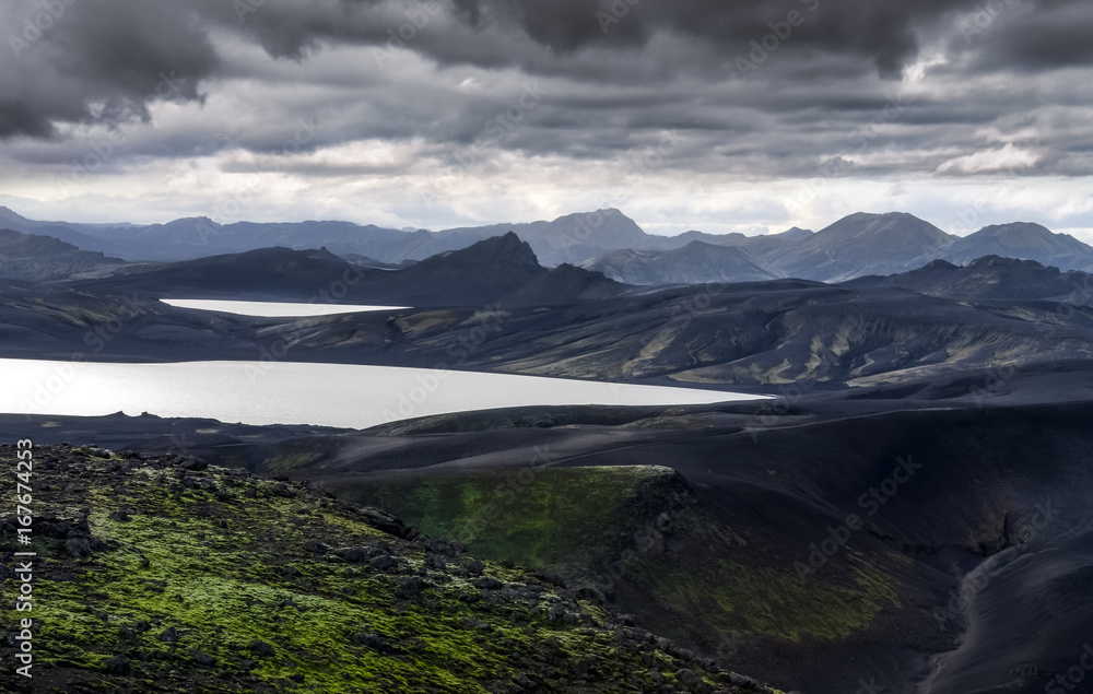 Volcanic landscape with mountains and lakes in Iceland