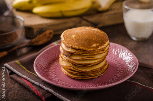 American pancakes with banana, chocolate