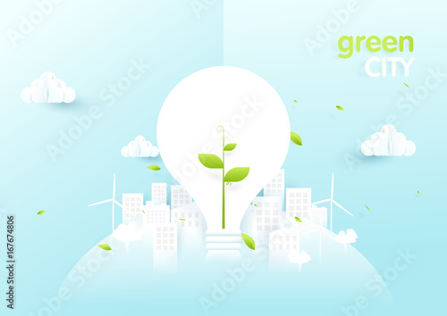 Eco city concept. Light bulbs with sapling in green ecology city. Paper art and origami style design